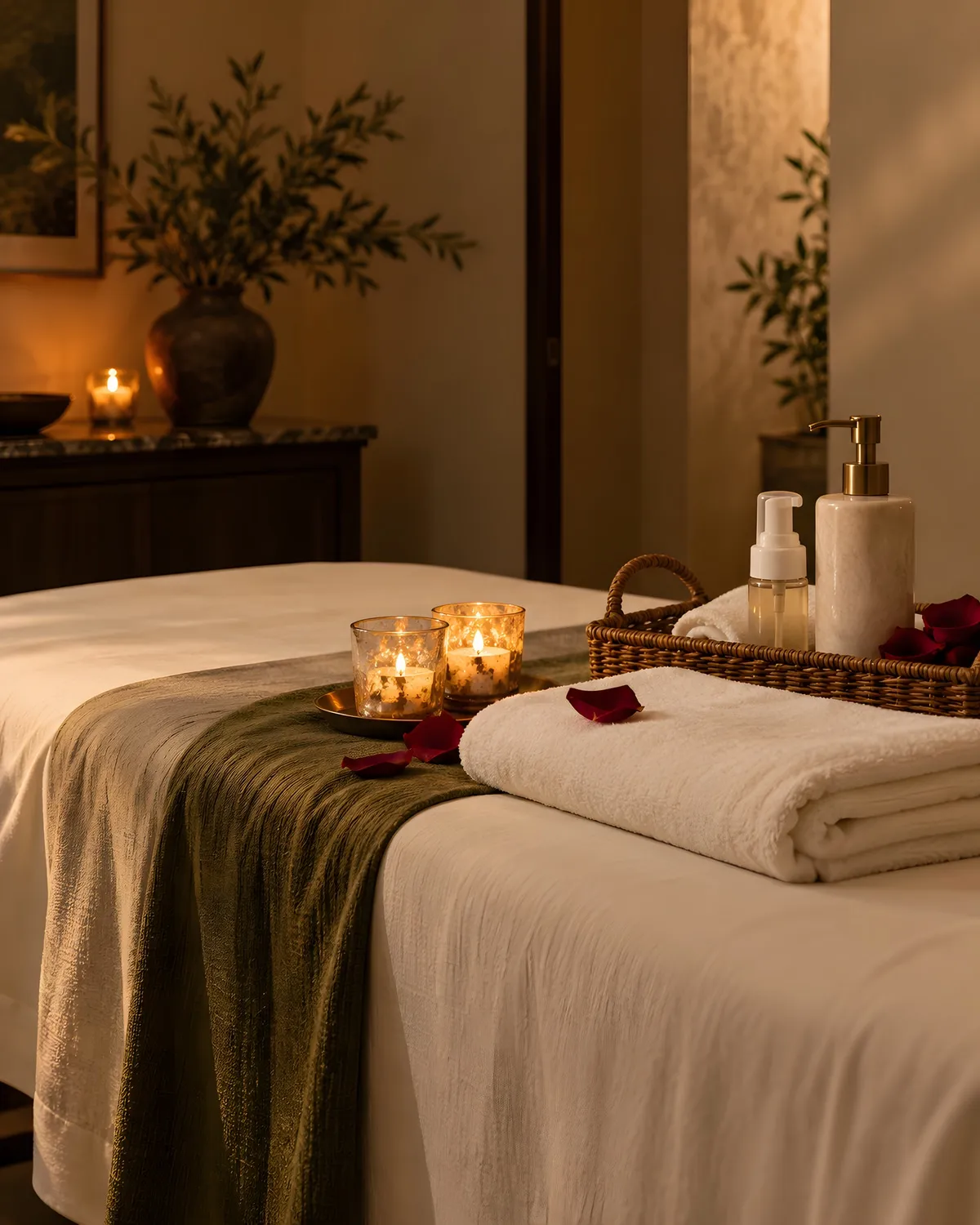 A treatment bed dressed with an olive runner, lit candles, folded towels and rose petals in a warm private room