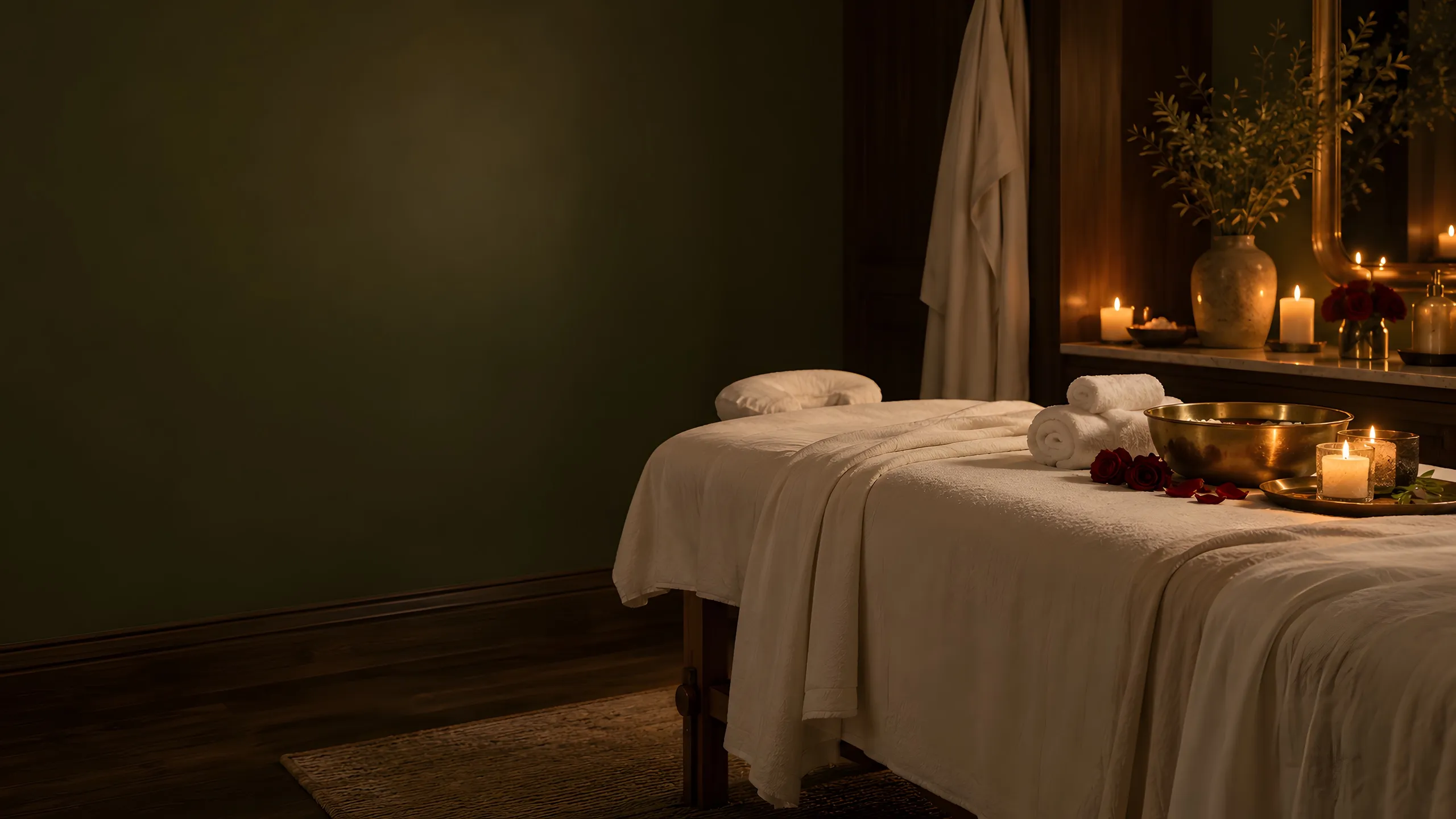 A candlelit treatment room with a dressed massage table, rolled towels, a brass bowl and burgundy roses, against a deep olive wall