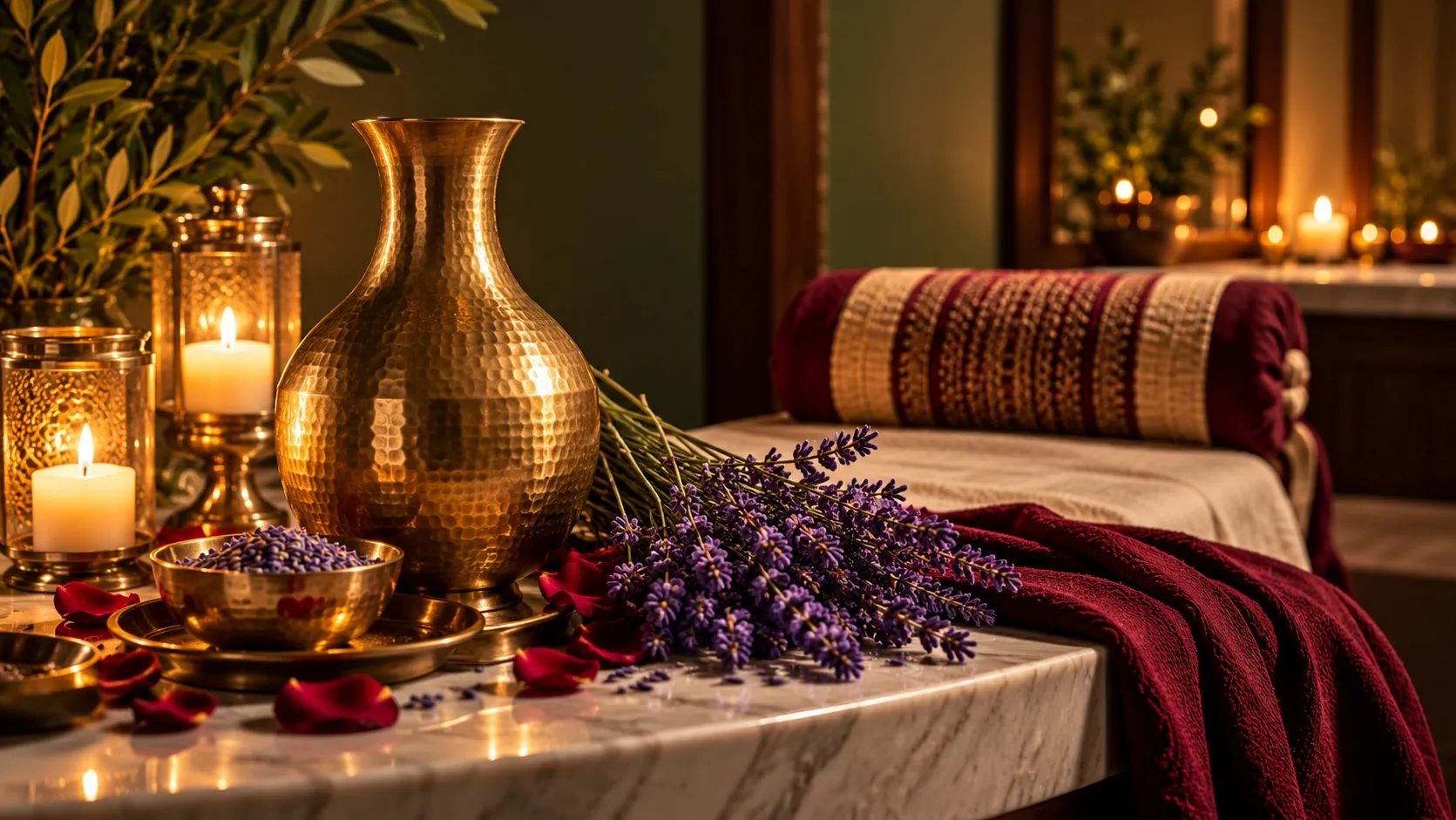 A tall hammered brass vessel with lavender and rose petals on marble, a rolled bolster and burgundy cloth behind