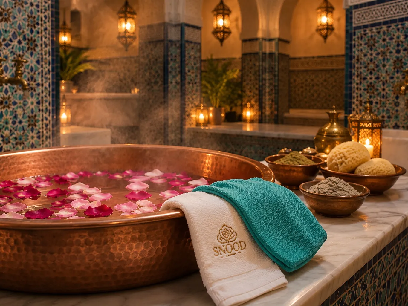 A Moroccan bath setting: a copper basin of rose petal water, folded towels and bowls of scrub beside mosaic tiles and lantern light